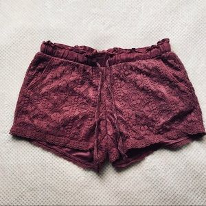 Burgundy lace drawstring shorts